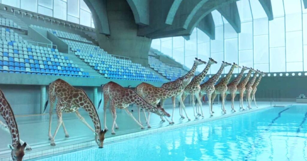 Giraffes walked over to the swimming pool and started diving when no one was looking (video)